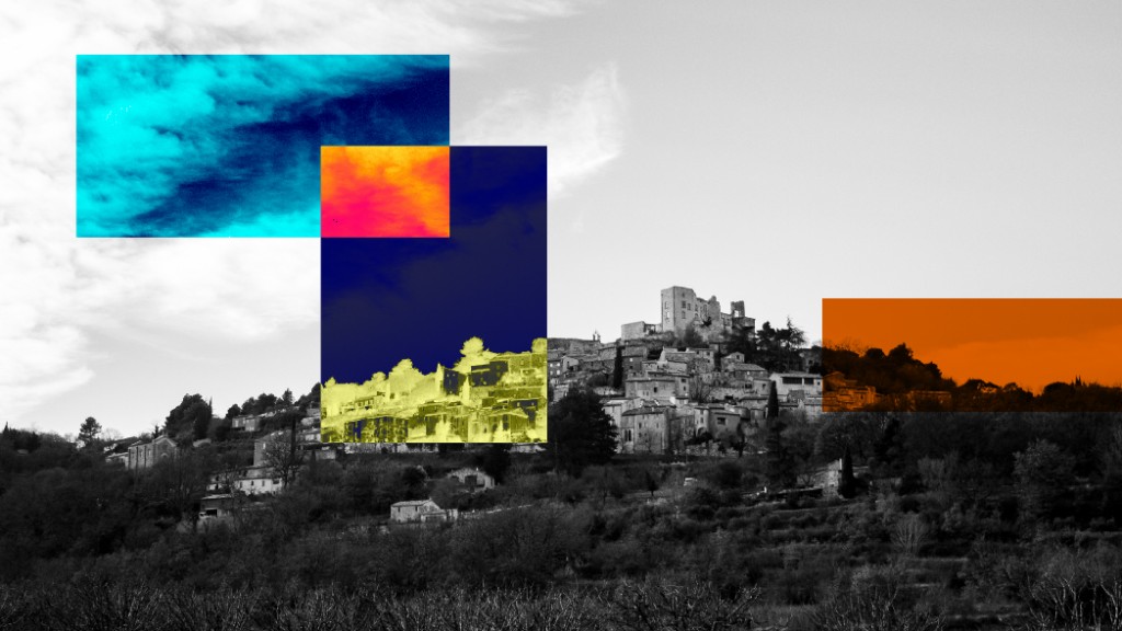 Lacoste play collage with geometric color blocks over a landscape